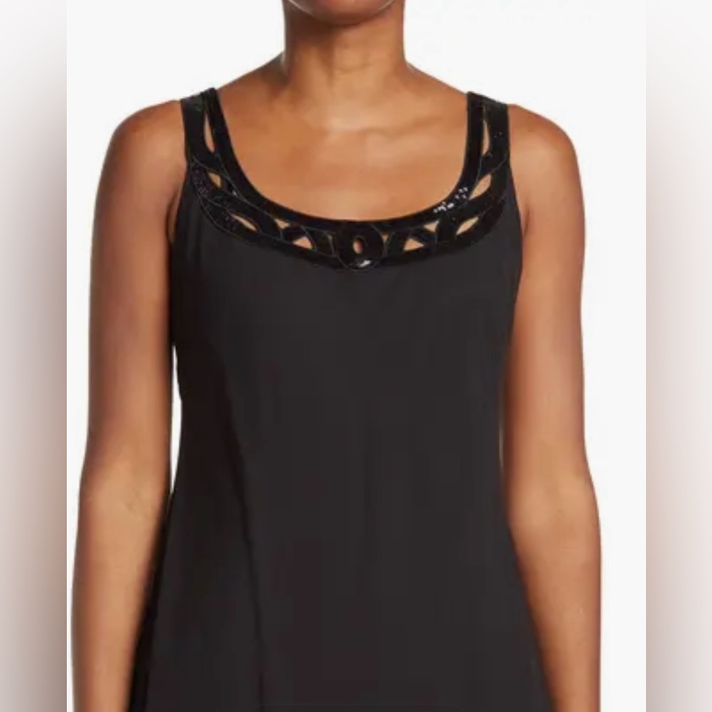 SLNY Black Tiered Chiffon Cocktail Dress Sequin Neckline 8P Petite - Picture 8 of 9